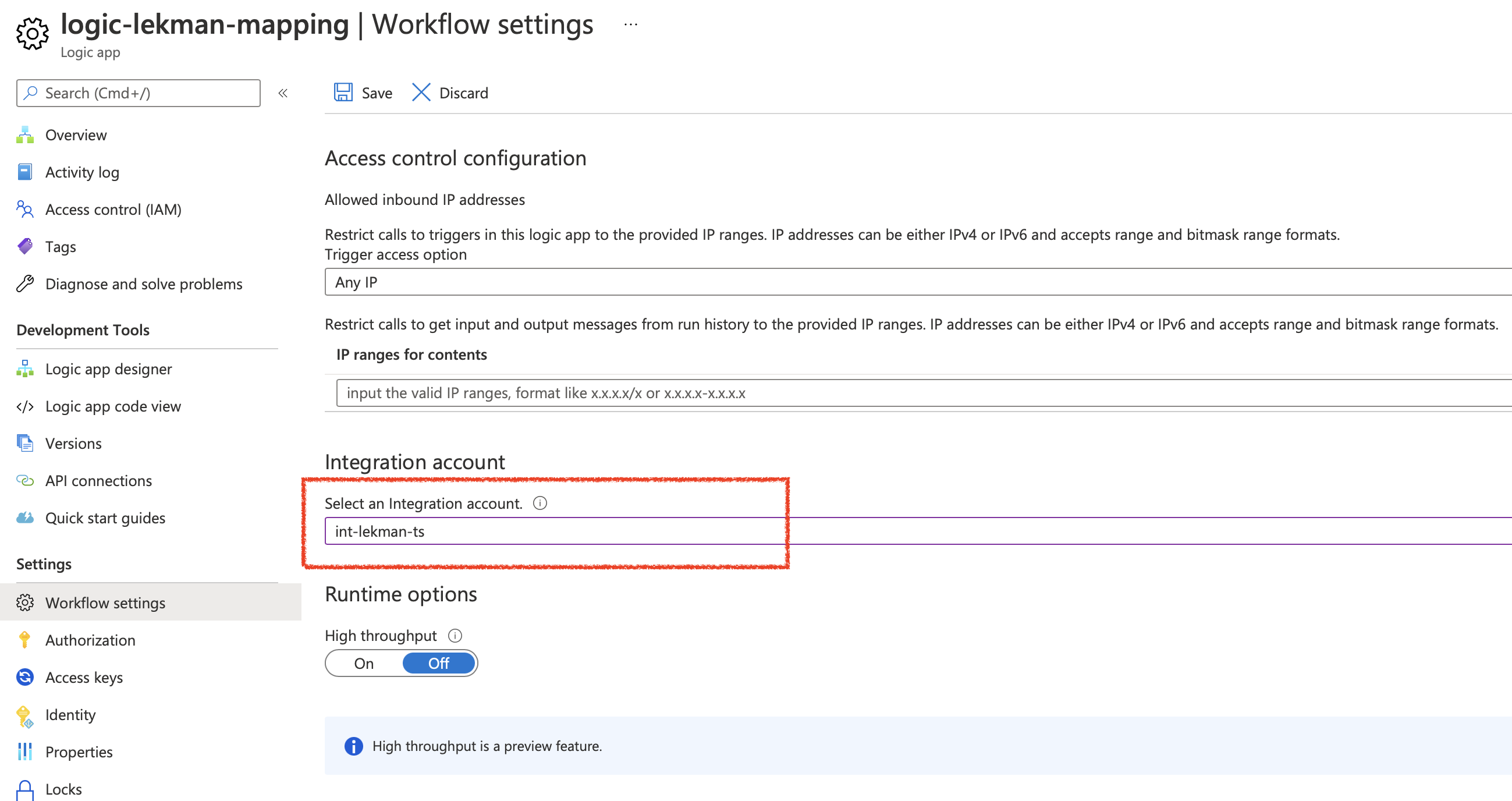 Workflow settings linking integration service